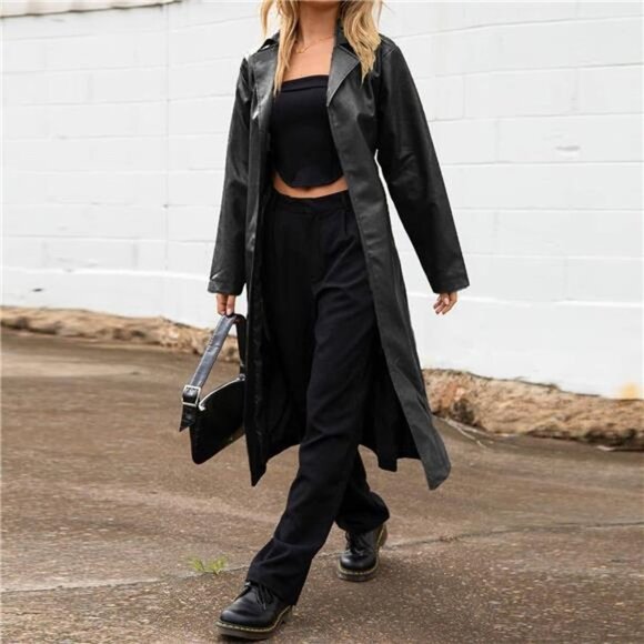 Black Faux Leather Long Trench Coat Lapeled Open Front Moto Blazer Jacket - Picture 2 of 8